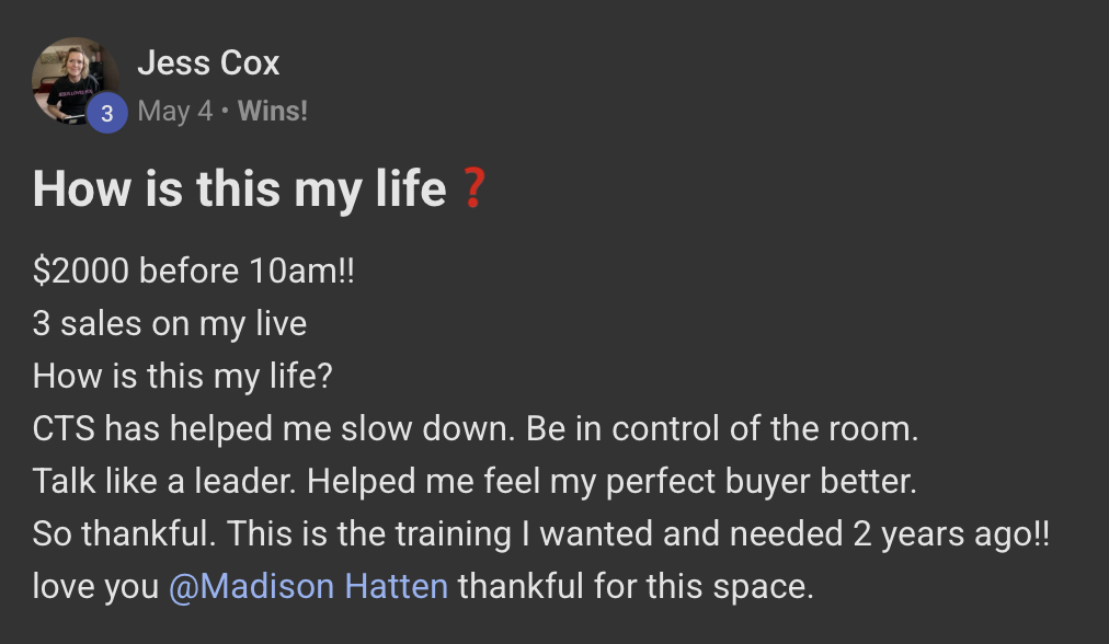 Jess Cox — $2000 before 10am, 3 sales on my live testimonial