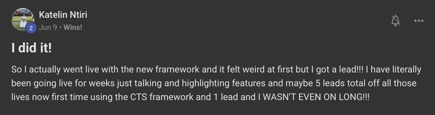 Katelin Ntiri — First time using CTS framework and got a lead testimonial